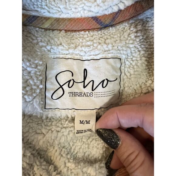 Soho Threads | Womens Corduroy Hooded Shirt Jacket Shacket Plaid Sherpa- Medium - Picture 3 of 6